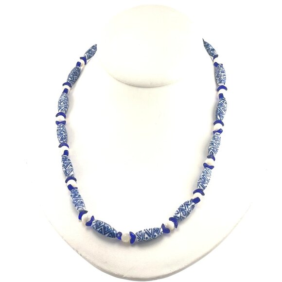 Handcrafted Blue & White Beaded Necklace With Jade Elephant Charm - Picture 2 of 11